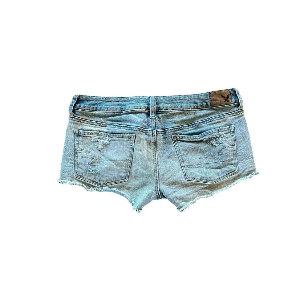 AE Super Low Shortie Distressed Denim Lace Festival Shorts | 8 - Picture 2 of 5